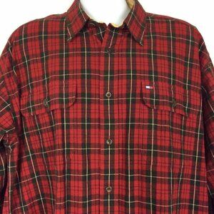 Tommy Hilfiger Flannel Shirt Mens Size XL Red Tartan Plaid Button Up